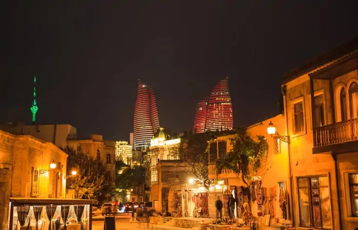 The view of Old City of Baku with The Flame Towers, Azerbaijan